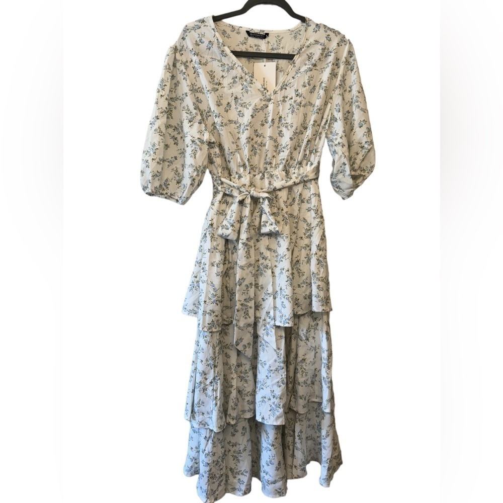 BloomChic Cream Floral Tiered Midi Dress